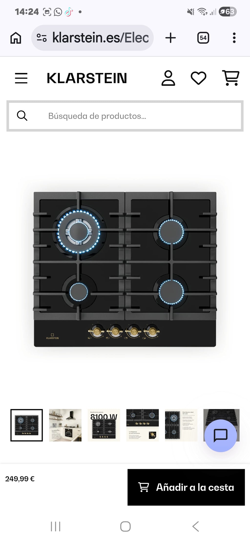 KLARSTEIN Victoria 60cm Placa de gas 4 Fuegos Negro