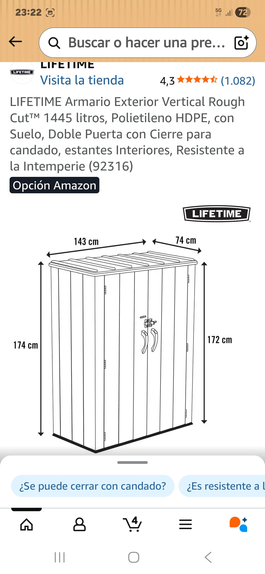 LIFETIME 60209 - Armario exterior ultrarresistente 136x70x172 cm UV100